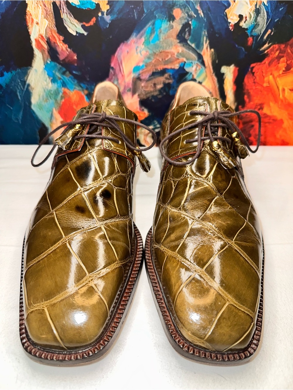 No.65 Michele Loisi Genuine Alligator Derby Dress Shoes in Olive Green